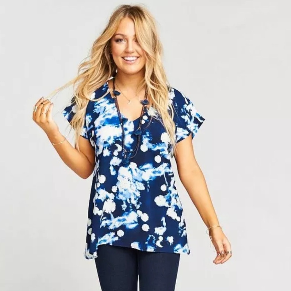 SHOW ME YOUR MUMU Blue White Tie Dye V-neck Casual Top XS